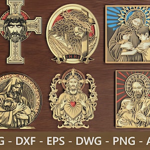 Puede incluir: Una colección de piezas de arte religioso intrincadamente superpuestas en tonos dorados y marrones. Los diseños incluyen una cruz, un óvalo con una corona de espinas y representaciones de Jesús con niños y un cordero. La imagen también incluye el texto "SVG - DXF - EPS - DWG - PNG - AI - PDF".