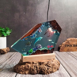 SA10 Handmade Ocean Epoxy Lamp – Artistic Resin Night Light – Beach Style Room Decor – Sea Life Gift - resin beach lamp - ocean wave lamp