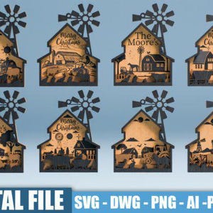 May include: A collection of laser-cut wooden farmhouse ornaments with windmill accents. Each ornament features a rural scene with barns, animals, and text that reads "Merry Christmas" or "The Moore's".
