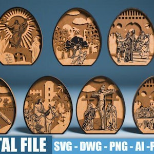 Puede incluir: Un conjunto de adornos de huevos de Pascua de madera cortados con láser que representan escenas bíblicas. Cada pieza en forma de huevo presenta diseños intrincados de figuras y eventos religiosos, con un acabado de madera natural y un borde oscuro.