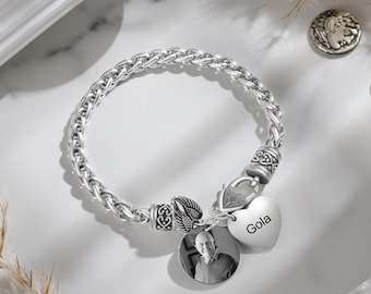 Pulsera conmemorativa con foto y nombre personalizado, pulsera "Siempre estarás en mi corazón", joyería con alas de ángel y corazón. Regalo para él/ella, regalo para el Día del Abuelo.