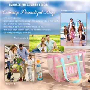 May include: Pink mesh beach bag with light blue handles and the letters "GNA". The bag is on a sandy surface. The image also includes text that says "Embrace the Summer Beach, Customize Personalized Bags".