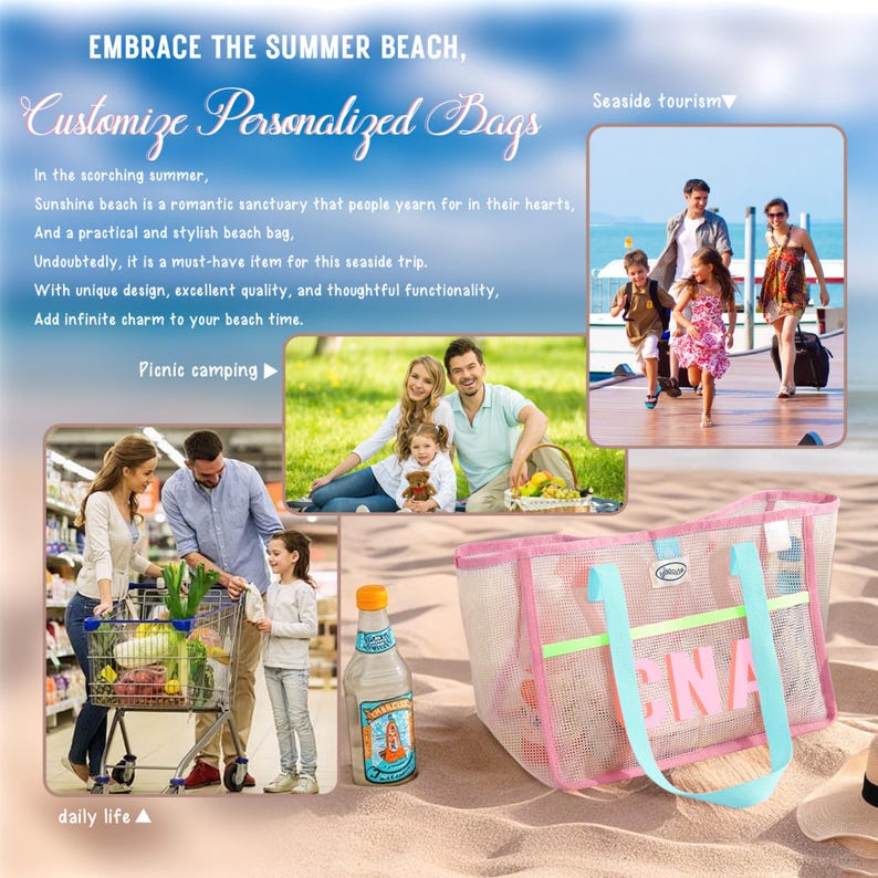 May include: Pink mesh beach bag with light blue handles and the letters "GNA". The bag is on a sandy surface. The image also includes text that says "Embrace the Summer Beach, Customize Personalized Bags".