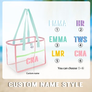 May include: A clear tote bag with pink trim, green accents, and light blue handles. The bag features the text "CNA" in pink letters. The image also shows various name styles and the text "Custom name style".