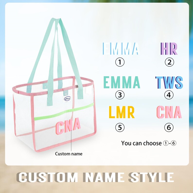 May include: A clear tote bag with pink trim, green accents, and light blue handles. The bag features the text "CNA" in pink letters. The image also shows various name styles and the text "Custom name style".