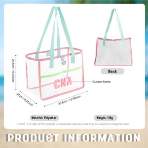 May include: A clear tote bag with pink trim and mint green handles. The bag has a pink and green stripe across the front with the letters "CNA". The bag measures 13.98 inches wide, 10.43 inches tall, and 8.27 inches deep. The material is polyester.