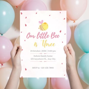 Our Little Bee is THREE! | 3rd Birthday Invitation | Instant Digital Download