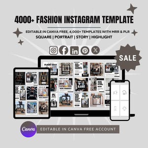 May include: A digital mockup of a fashion Instagram template, featuring a tablet, laptop, and smartphone displaying various Instagram post layouts. Text includes "4000+ Fashion Instagram Template" and "Editable in Canva Free Account."