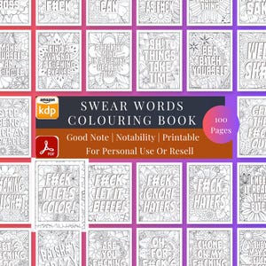 以下が含まれることがあります： 「Swear Words Colouring Book」というタイトルの100ページの塗り絵。表紙には、装飾的なフォントでさまざまな悪態のフレーズが、花柄や抽象的なデザインで囲まれています。この本は、個人使用または再販用に設計されています。