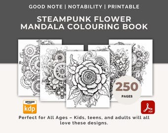 MRR Steampunk Flower Mandala Colouring Book – Intricate Floral & Gear Designs for Adults, Printable And Digital Relaxation Art