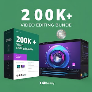 May include: A green background with a box showing a video editing bundle with the text "200K+ Video Editing Bundle". The box is next to a laptop screen showing a video editing program with a colorful sphere with a play button in the center.