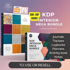Może przedstawiać: KDP Interior Mega Bundle z ponad 200 książkami, w tym dziennikami, trackerami i planerami. Obrazek przedstawia okładki książek z różnymi wzorami i tekstem "TO USE OR RESELL".