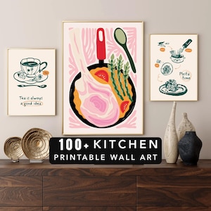 May include: A set of framed kitchen wall art prints. One print shows a cup of tea with the text "Tea is always a good idea." Another print depicts a pan with food. The third print shows pasta with the text "Pasta time."