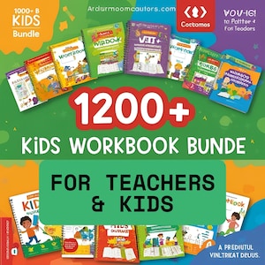 Może przedstawiać: Kolorowy obraz reklamujący pakiet ponad 1200 zeszytów ćwiczeń dla dzieci dla nauczycieli i dzieci. Obraz przedstawia różne zeszyty ćwiczeń z kolorowymi okładkami i ilustracjami. Tekst "1200+ Kids Workbook Bundle for Teachers & Kids" jest wyraźnie wyświetlony na czerwono i biało.