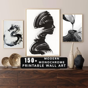 Peut inclure: Ensemble d'art mural monochrome encadré. L'art comprend un dragon noir et blanc, une silhouette de profil de femme et un design abstrait. Le texte sur le panneau noir indique "150+ Modern Monochrome Printable Wall Art".
