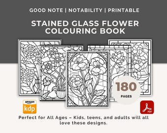 Stained Glass Flower Colouring Book | Floral Stained Glass Designs | Digital Download Printable Adult Coloring Pages for Relaxation