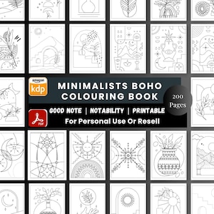 May include: A selection of minimalist boho-themed colouring book pages. The cover text reads "Minimalists Boho Colouring Book" with "200 Pages". Includes the text "Good Note | Notability | Printable For Personal Use Or Resell".
