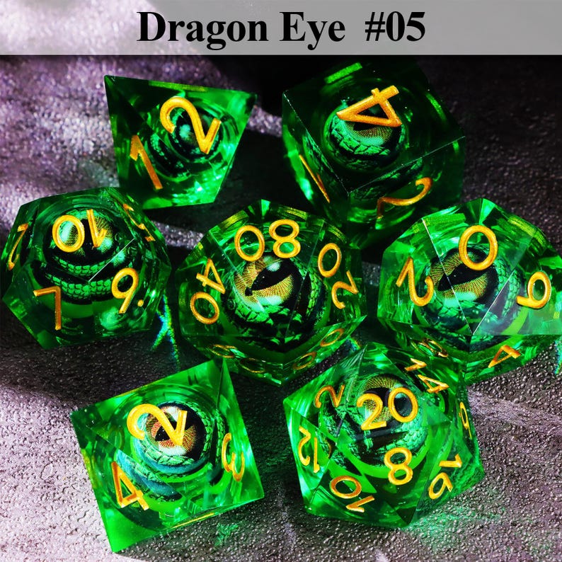 May include: Set of seven green polyhedral dice with gold numbering. Each die features a dragon eye design within. The text "Dragon Eye #05" is at the top. These dice are suitable for tabletop role-playing games.