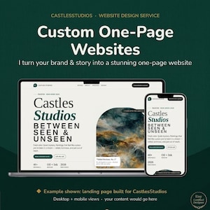 Op de afbeelding: Een laptop en smartphone tonen een aangepaste website van één pagina voor Castles Studios. Het scherm toont de tekst Castles Studios Between Seen & Unseen op een donkergroene achtergrond met details over webdesign.