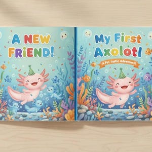 Könnte beinhalten: Ein geöffnetes Kinderbuch mit Illustrationen eines Axolotls. Die Seiten zeigen die Titel "A New Friend!" und "My First Axolotl! A Fin-tastic Adventure!" Die Illustrationen zeigen Unterwasserszenen mit Fischen, Pflanzen und einem lächelnden Axolotl mit Partyhut.