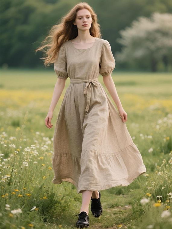 Puff Sleeve Linen Dress Tiered Hem Maxi Dress With Belt Short Sleeve Flowy  Cottagecore Summer Dress Romantic Dress Swing Dress Custom Dress - Etsy