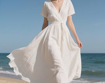White Linen Beach Dress Flowy Wrap Maxi Dress V-Neck Short Sleeve Summer Dress Cottagecore Boho Dress Elegant Dress Custom Handmade Dress