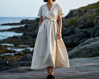 Wrap Linen Dress Linen Maxi Dress Short Sleeve V-Neck Flowy Romantic Dress Wide Skirt Dress Linen Clothing Summer Dress Women Custom Dress