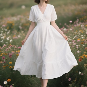 White Wrap Linen Maxi Dress Short Sleeve V-Neck Dress with Belt Tiered A-Line Flowy Boho Dress Cottagecore Summer Dress Women Custom Dress