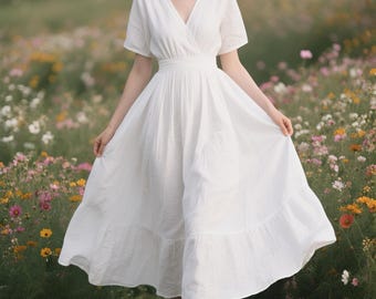 White Wrap Linen Maxi Dress Short Sleeve V-Neck Dress with Belt Tiered A-Line Flowy Boho Dress Cottagecore Summer Dress Women Custom Dress