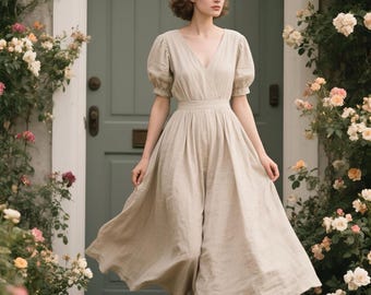 Short Puff Sleeve Linen Wrap Dress Cottagecore V-Neck Midi Dress Romantic Flowy Summer Dress Handmade Vintage Linen Dress Women Custom Dress