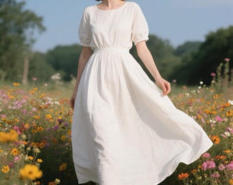 Elegant Linen Maxi Dress Short Sleeve A-Line Dress with Elastic Waist & Belt Boho Flowy Summer Dress Rustic Wedding Dress Women Custom Dress