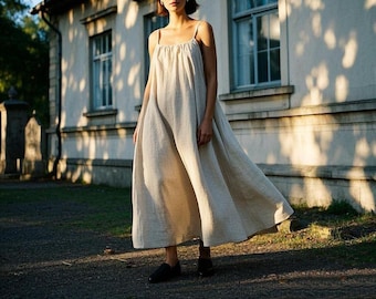 Handmade Linen Maxi Dress Spaghetti Strap Flowy Sundress Linen Slip Dress Loose Cottagecore Dress Boho A-Line Summer Dress Custom Dress