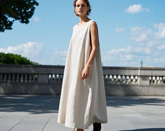 Minimalist Sleeveless Linen Maxi Dress Loose Fit Summer Sundress Soft Flowy Dress Custom Casual Linen Dress With Pockets Plus Size Clothing