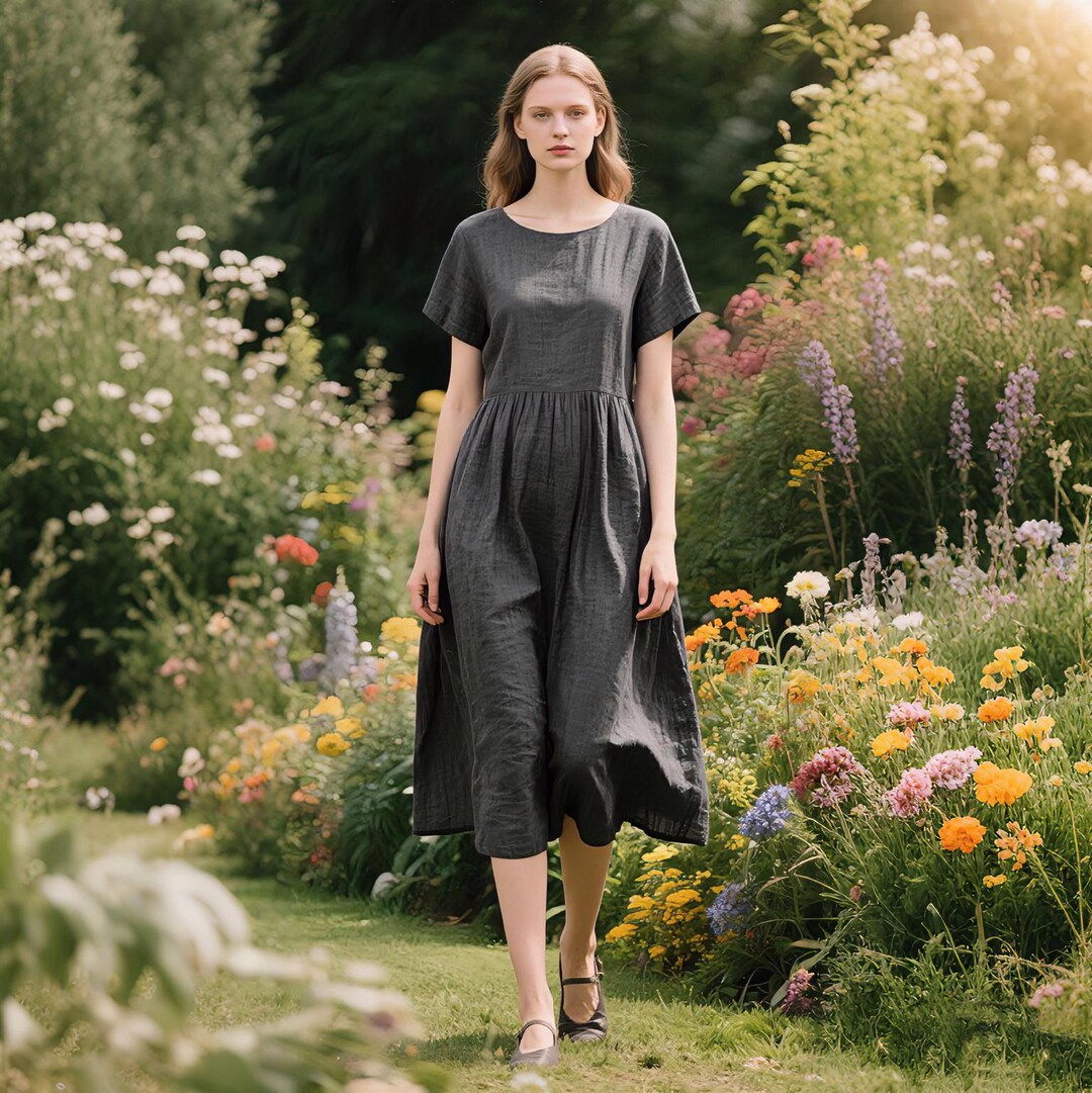 Women’s Linen Midi Dress With Pockets Short Sleeve Dress Casual Summer ...