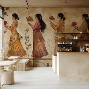 Décoration murale élégante d'inspiration indienne avec motif floral - Papier peint autocollant | Papier peint en toile | Papier peint amovible