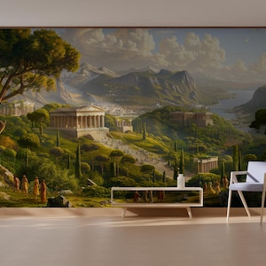 Murale con paesaggio greco antico - Carta da parati con arte classica panoramica - Carta da parati staccabile e adesiva / Carta da parati in tela / Carta da parati rimovibile