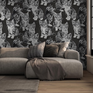 Modern Cat Wallpaper - Black and White Animal Print Wall Decor - Peel and Stick Wallpaper | Canvas Wallpaper | Removable Wallpaper