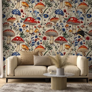 Vintage Botanical Mushroom Wallpaper - Nature Inspired Floral Wall Mural - Peel and Stick Wallpaper | Canvas Wallpaper | Removable Wallpaper