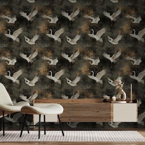 Dunkler Hintergrund Kranich Tapete zum Abziehen und Aufkleben | Canvas Wallpaper | Abnehmbare Tapete