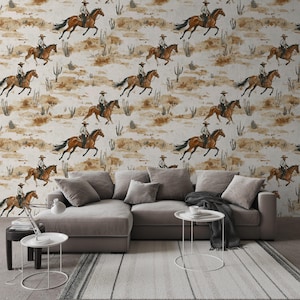 Carta da parati Western Cowboy - Murale con cavallo del deserto vintage, decorazione rustica Western - Carta da parati staccabile e adesiva / Carta da parati in tela / Carta da parati rimovibile