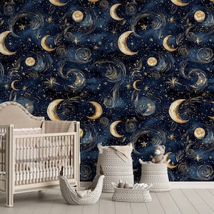Celestial Moon and Starry Night Wallpaper-Dark Space Wall Art for Nursery- Peel and Stick Wallpaper | Canvas Wallpaper | Removable Wallpaper