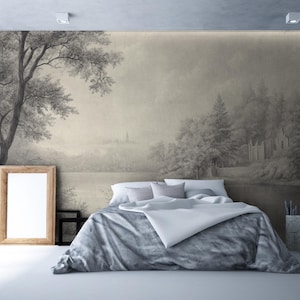 Vintage Grayscale Forest Landspace Wallpaper- Peel and Stick Wallpaper | Canvas Wallpaper | Removable Wallpaper