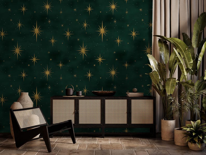 Emerald Green Wallpaper With Gold Starburst Pattern-peel and Stick ...