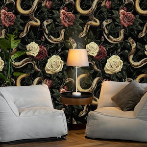 Dark Botanical Snake Wallpaper-Peel and Stick Wallpaper | Canvas Wallpaper | Removable Wallpaper