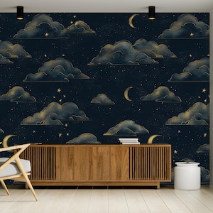Elegant Night Sky Wallpaper with Golden Clouds and Crescent Moons-Peel and Stick Wallpaper | Canvas Wallpaper | Removable Wallpaper