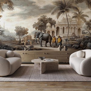Vintage Indian Landscape Mural Wallpaper with Exotic Elephant and Temple-Peel and Stick Wallpaper | Canvas Wallpaper | Removable Wallpaper