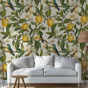 Vintage Lemon Tree and Hummingbird  Wallpaper-Peel and Stick Wallpaper | Canvas Wallpaper | Removable Wallpaper