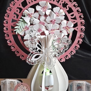 Vase floral fête des mères luminaire & boîte, modèle TF0433, fichiers de coupe SVG, camée silhouette, ScanNCut, Cricut