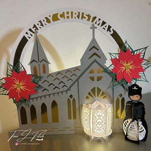 Weihnachtskirche & Priester Laterne Kartenvorlage TF0829, Schneidedatei SVG, Silhouette Cameo, ScanNCut, Cricut.
