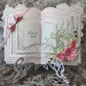 Modèle de carte de livre ouvert en couches rose, fichiers de coupe SVG, camée silhouette, ScanNCut, Cricut